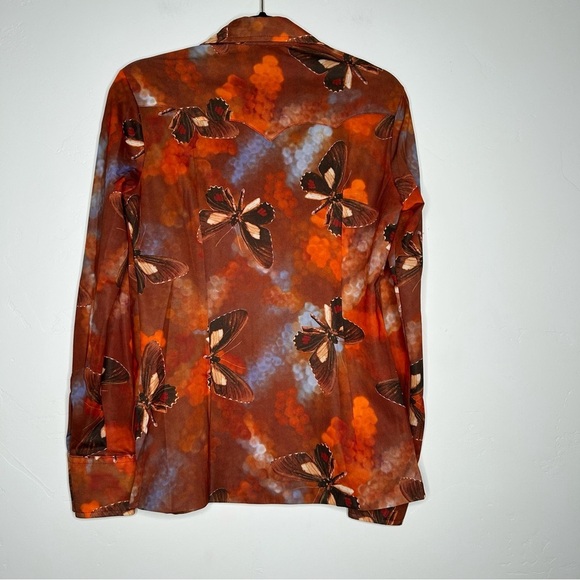 VNTG 70's Panhandle Slim Orange Blue Brown Butterfly Snap Front Shirt Size 14/36 - Picture 2 of 16
